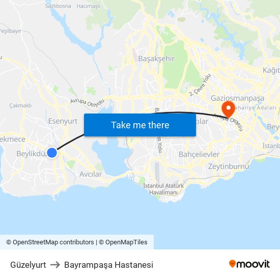 Güzelyurt to Bayrampaşa Hastanesi map