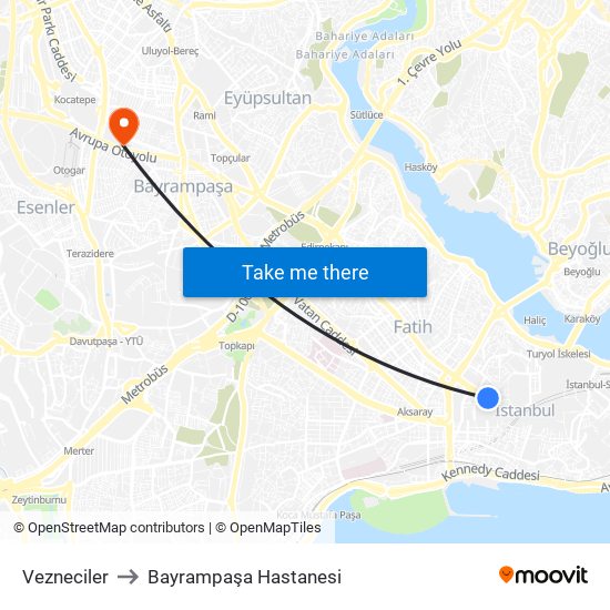 Vezneciler to Bayrampaşa Hastanesi map
