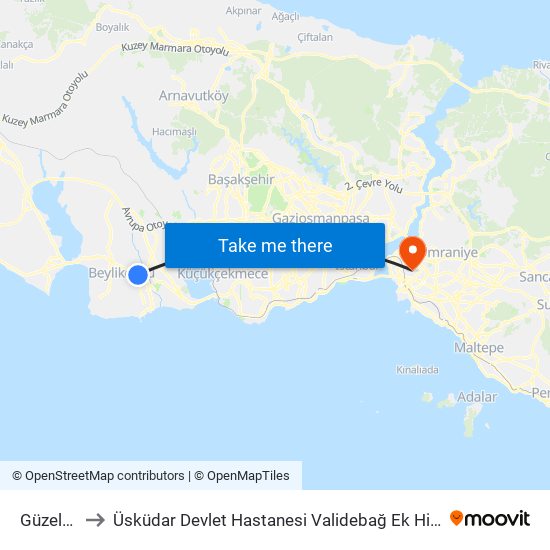 Güzelyurt to Üsküdar Devlet Hastanesi Validebağ Ek Hizmet Binası map
