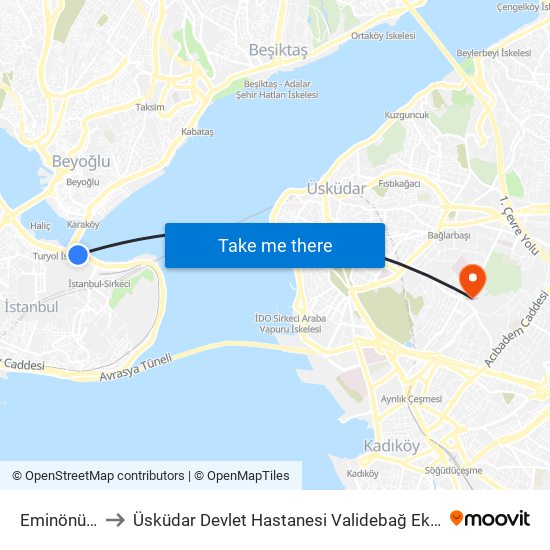 Eminönü (T1) to Üsküdar Devlet Hastanesi Validebağ Ek Hizmet Binası map