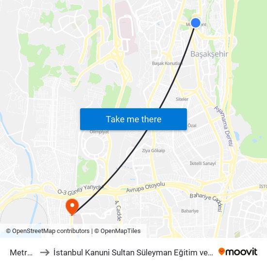 Metrokent to İstanbul Kanuni Sultan Süleyman Eğitim ve Araştırma Hastanesi map