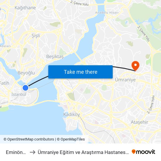 Eminönü (T1) to Ümraniye Eğitim ve Araştırma Hastanesi (Ümraniye EAH) map
