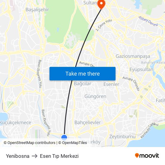 Yenibosna to Esen Tıp Merkezi map