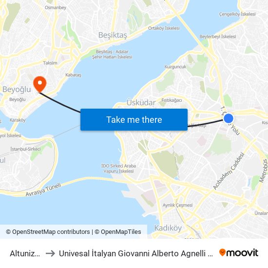 Altunizade to Univesal İtalyan Giovanni Alberto Agnelli Hastanesi map