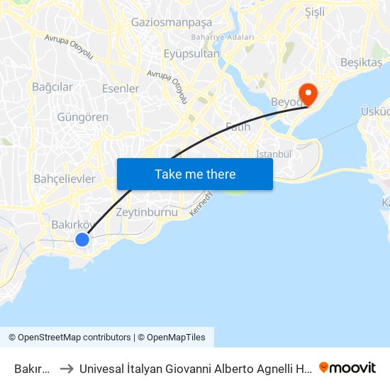 Bakırköy to Univesal İtalyan Giovanni Alberto Agnelli Hastanesi map