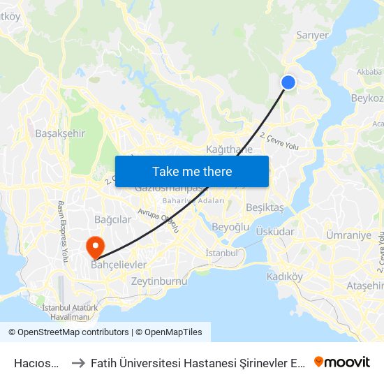 Hacıosman to Fatih Üniversitesi Hastanesi Şirinevler Ek Binası map