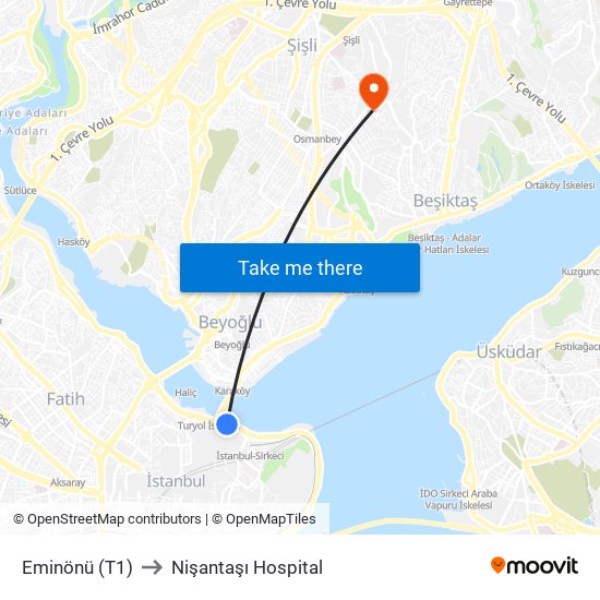 Eminönü (T1) to Nişantaşı Hospital map