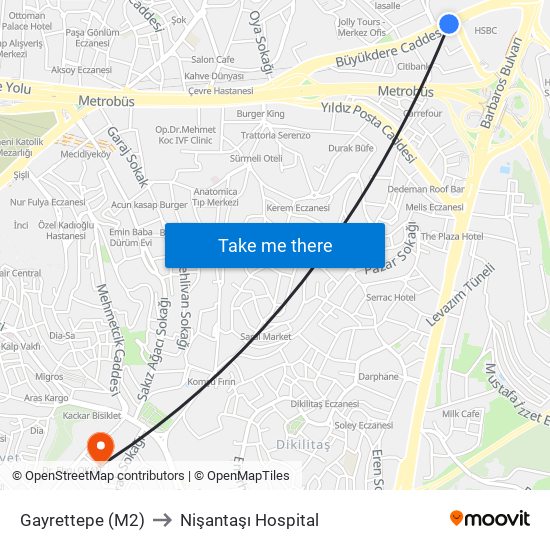 Gayrettepe (M2) to Nişantaşı Hospital map