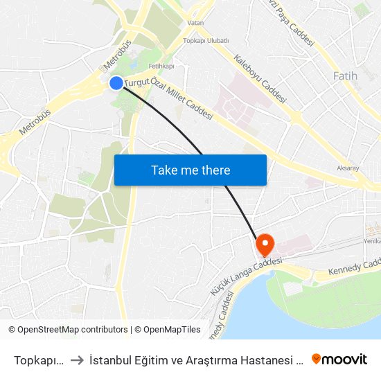 Topkapı (T1) to İstanbul Eğitim ve Araştırma Hastanesi (Istanbul EAH) map