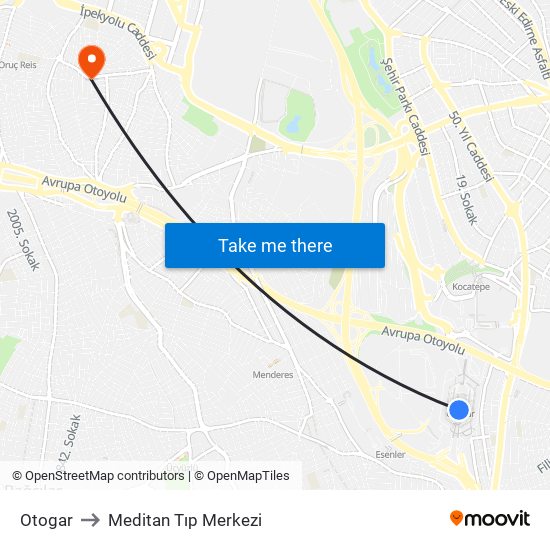 Otogar to Meditan Tıp Merkezi map