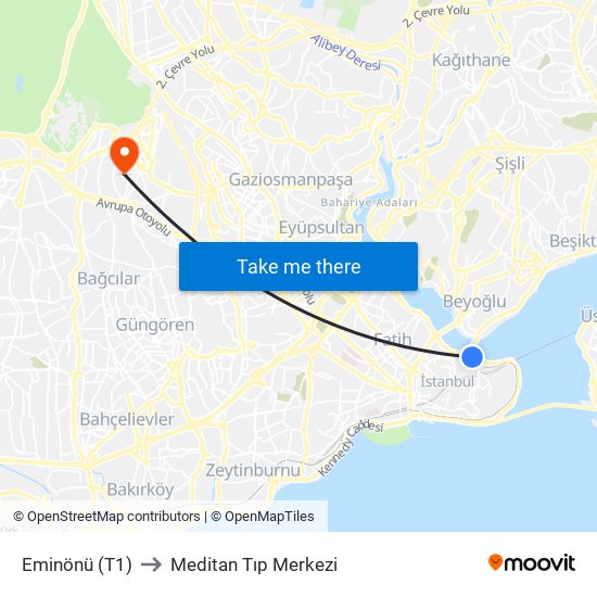 Eminönü (T1) to Meditan Tıp Merkezi map