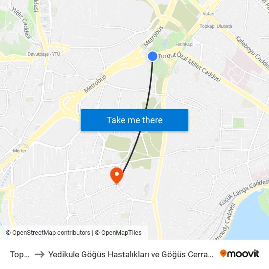 Topkapı (T1) to Yedikule Göğüs Hastalıkları ve Göğüs Cerrahisi Eğitim ve Araştırma Hastanesi (Yedikule Göğüs Hastal map