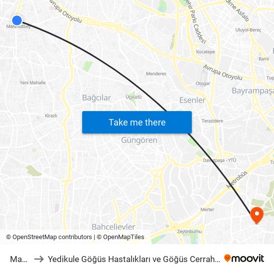 Mahmutbey to Yedikule Göğüs Hastalıkları ve Göğüs Cerrahisi Eğitim ve Araştırma Hastanesi (Yedikule Göğüs Hastal map