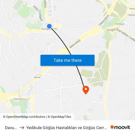 Davutpaşa - Ytü to Yedikule Göğüs Hastalıkları ve Göğüs Cerrahisi Eğitim ve Araştırma Hastanesi (Yedikule Göğüs Hastal map