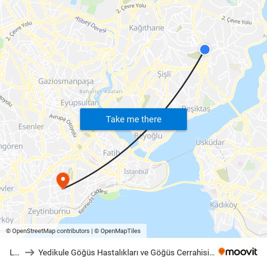 Levent to Yedikule Göğüs Hastalıkları ve Göğüs Cerrahisi Eğitim ve Araştırma Hastanesi (Yedikule Göğüs Hastal map