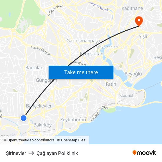 Şirinevler to Çağlayan Poliklinik map