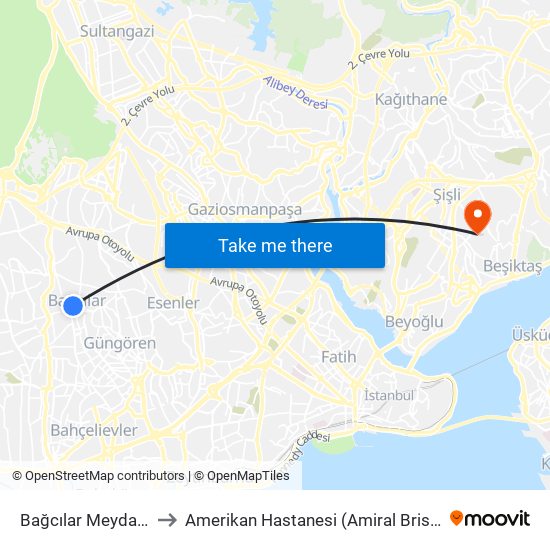 Bağcılar Meydan (M1b) to Amerikan Hastanesi (Amiral Bristol Hastanesi) map