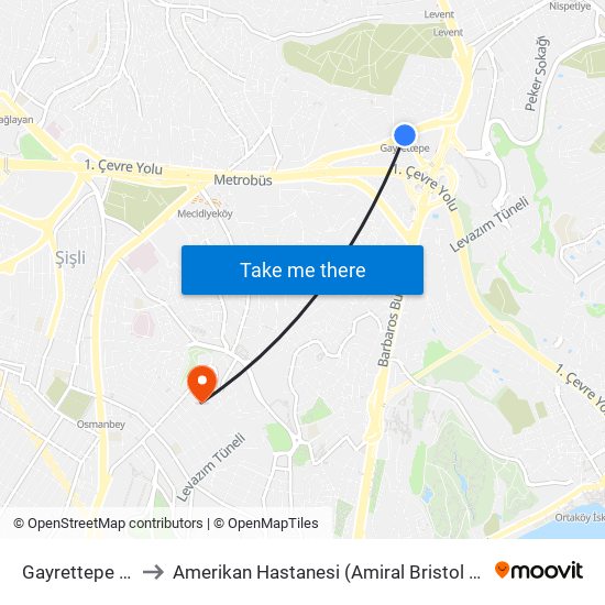 Gayrettepe (M2) to Amerikan Hastanesi (Amiral Bristol Hastanesi) map
