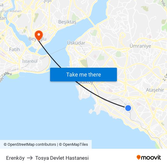 Erenköy to Tosya Devlet Hastanesi map