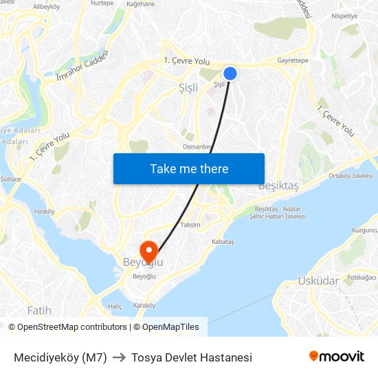 Mecidiyeköy (M7) to Tosya Devlet Hastanesi map