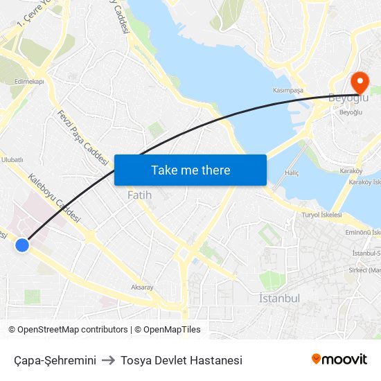 Çapa-Şehremini to Tosya Devlet Hastanesi map
