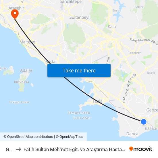 Gebze to Fatih Sultan Mehmet Eğit. ve Araştırma Hastanesi (Sultan Mehmet Eğ. & Araş. Hast.) map