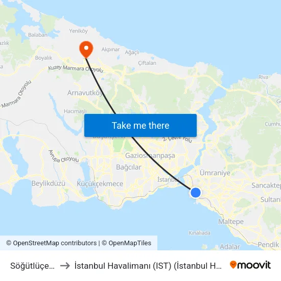 Söğütlüçeşme to İstanbul Havalimanı (IST) (İstanbul Havalimanı) map