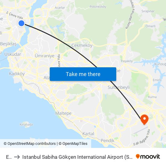 Etiler to Istanbul Sabiha Gökçen International Airport (SAW) (İstanbul Sabiha Gökçen Uluslararası Havalimanı) map