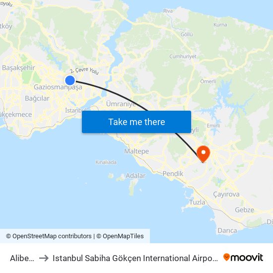 Alibeyköy (M7) to Istanbul Sabiha Gökçen International Airport (SAW) (İstanbul Sabiha Gökçen Uluslararası Havalimanı) map