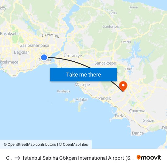 Cibali to Istanbul Sabiha Gökçen International Airport (SAW) (İstanbul Sabiha Gökçen Uluslararası Havalimanı) map