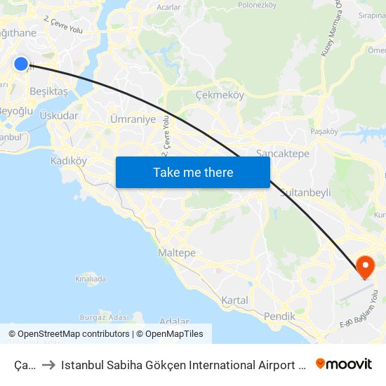 Çağlayan to Istanbul Sabiha Gökçen International Airport (SAW) (İstanbul Sabiha Gökçen Uluslararası Havalimanı) map