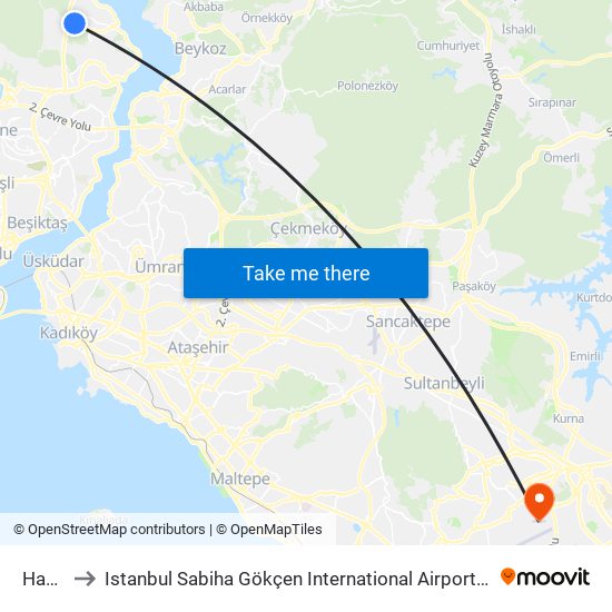 Hacıosman to Istanbul Sabiha Gökçen International Airport (SAW) (İstanbul Sabiha Gökçen Uluslararası Havalimanı) map