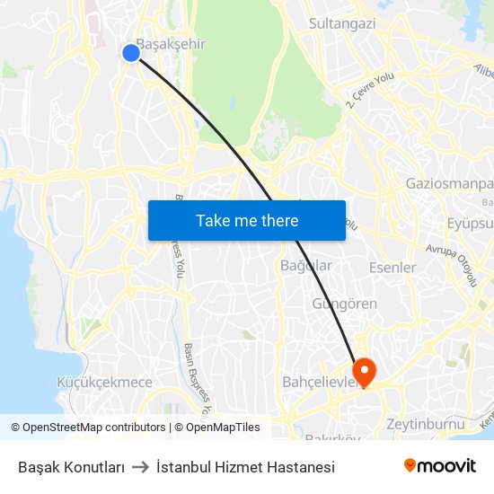 Başak Konutları to İstanbul Hizmet Hastanesi map