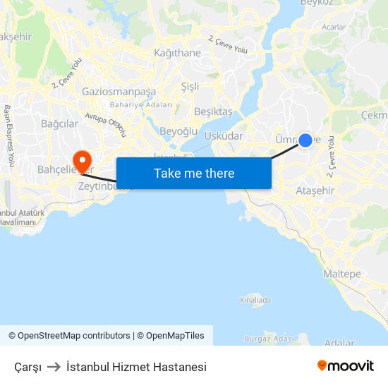 Çarşı to İstanbul Hizmet Hastanesi map