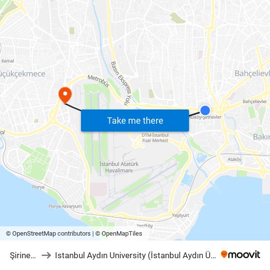 Şirinevler to Istanbul Aydın University (İstanbul Aydın Üniversitesi) map