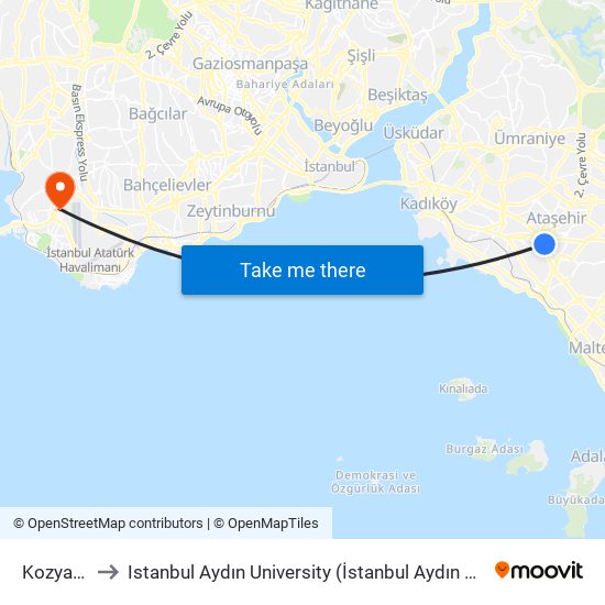 Kozyatağı to Istanbul Aydın University (İstanbul Aydın Üniversitesi) map