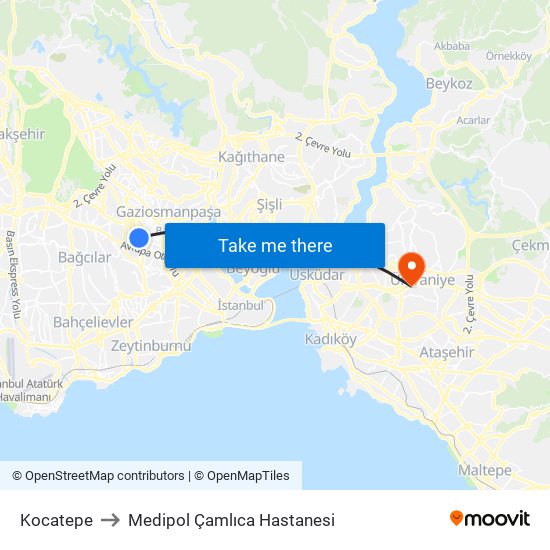 Kocatepe to Medipol Çamlıca Hastanesi map