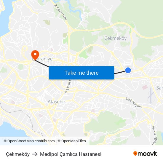 Çekmeköy to Medipol Çamlıca Hastanesi map