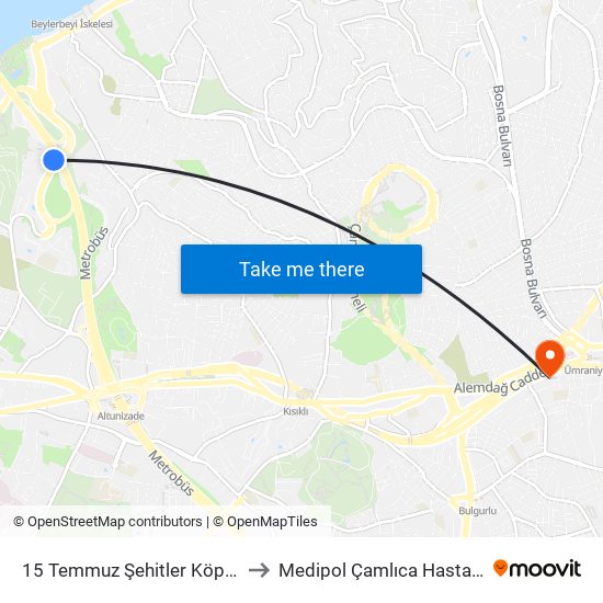 15 Temmuz Şehitler Köprüsü to Medipol Çamlıca Hastanesi map
