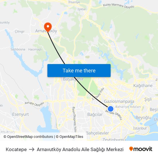 Kocatepe to Arnavutköy Anadolu Aile Sağlığı Merkezi map