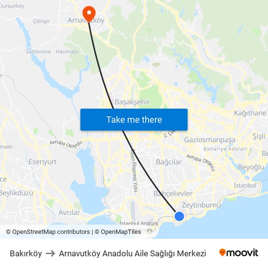 Bakırköy to Arnavutköy Anadolu Aile Sağlığı Merkezi map