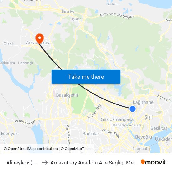 Alibeyköy (M7) to Arnavutköy Anadolu Aile Sağlığı Merkezi map