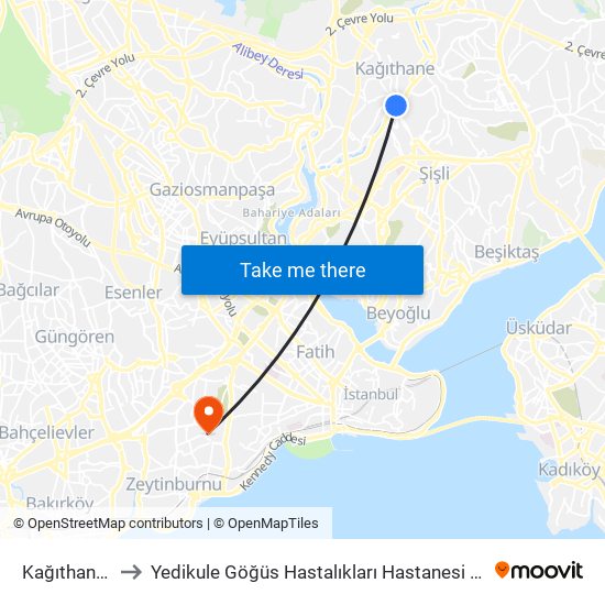 Kağıthane (M7) to Yedikule Göğüs Hastalıkları Hastanesi Radyoterapi Ünitesi map