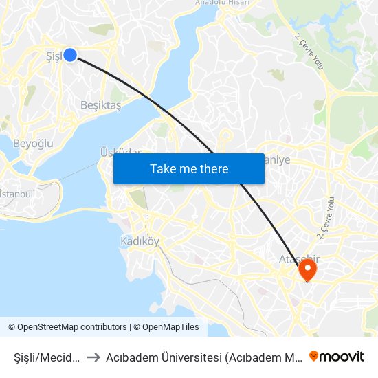 Şişli/Mecidiyeköy (M2) to Acıbadem Üniversitesi (Acıbadem Mehmet Ali Aydınlar Üniversitesi) map