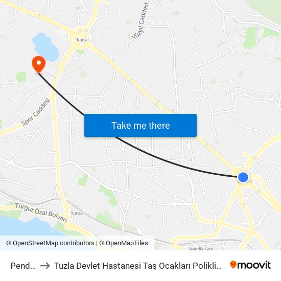 Pendik to Tuzla Devlet Hastanesi Taş Ocakları Polikliniği map