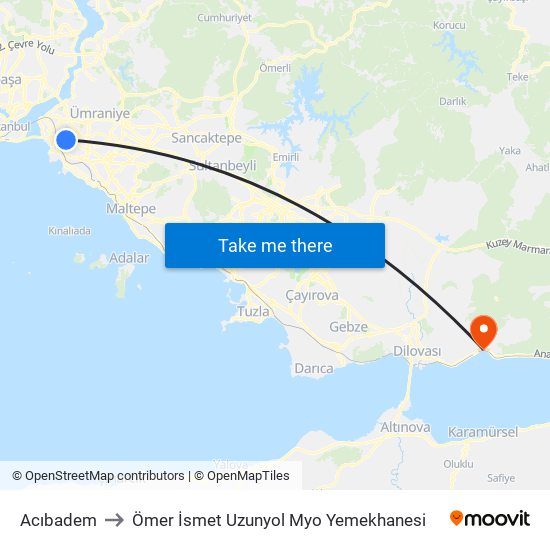 Acıbadem to Ömer İsmet Uzunyol Myo Yemekhanesi map