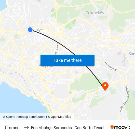 Ümraniye to Fenerbahçe Samandıra Can Bartu Tesisleri map