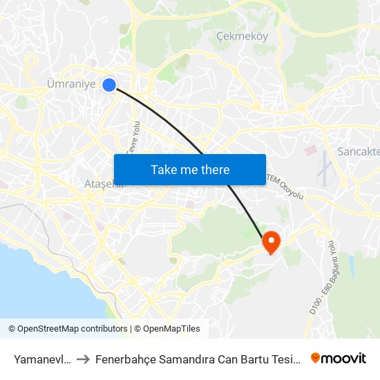 Yamanevler to Fenerbahçe Samandıra Can Bartu Tesisleri map