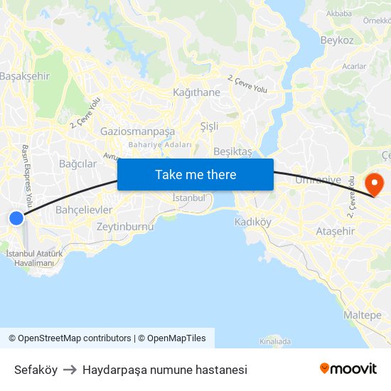 Sefaköy to Haydarpaşa numune hastanesi map