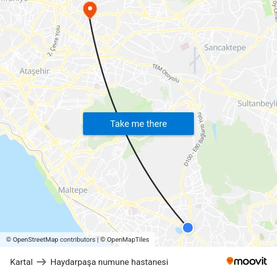 Kartal to Haydarpaşa numune hastanesi map
